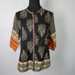 SRISHTI SABHYATA Embroidered Shirt Women's L Black Button Front Half Sleeve